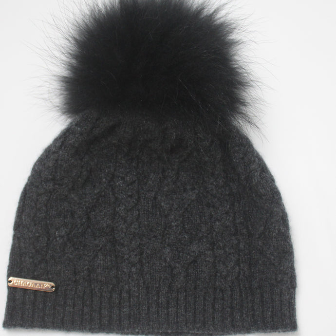 Ski Hat with Detachable PomPom - Charcoal